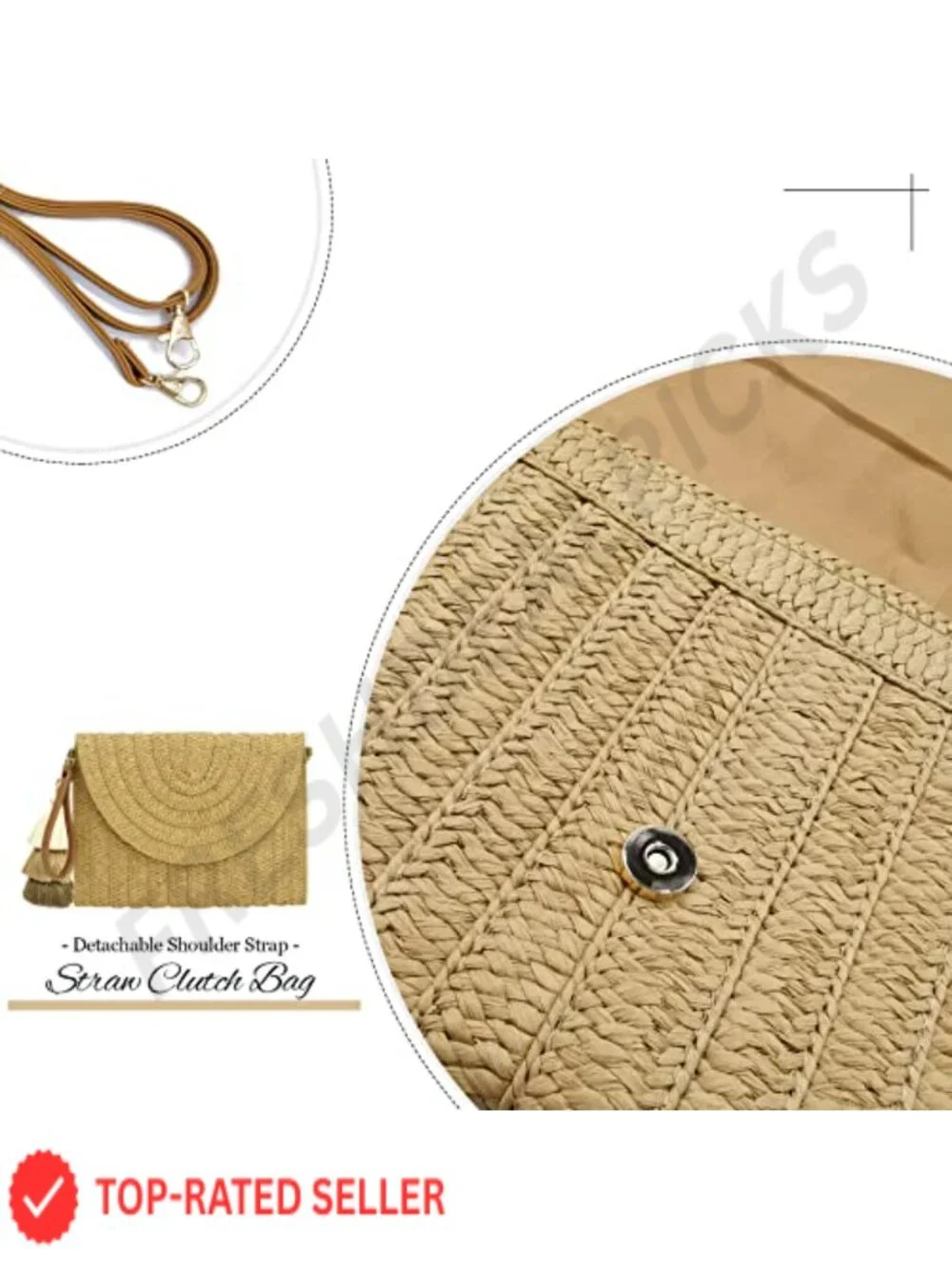 Natural Straw Envelope Clutch with Magnetic Closure, Detachable Crossbody Strap